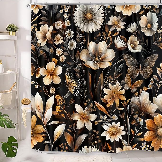 GOAOK Retro Rustic Floral Shower Curtain Boho Black and Gold Bathroom Decor, Vintage Dark Flowers Wildflower Plant Farmhouse Shower Curtain with Hooks Cute Aesthetic Bathroom Accessories Set, 72X72