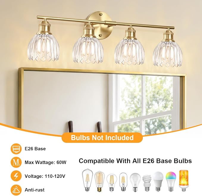 Bathroom Light Fixtures, 4-Light Brushed Gold Vanity Lights for Bathroom with Clear Tulip Glass Shade, 26" Vintage Bathroom Vanity Lighting Fixtures Over Mirror for Bedroom Living Room Hallway