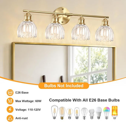 Bathroom Light Fixtures, 4-Light Brushed Gold Vanity Lights for Bathroom with Clear Tulip Glass Shade, 26" Vintage Bathroom Vanity Lighting Fixtures Over Mirror for Bedroom Living Room Hallway