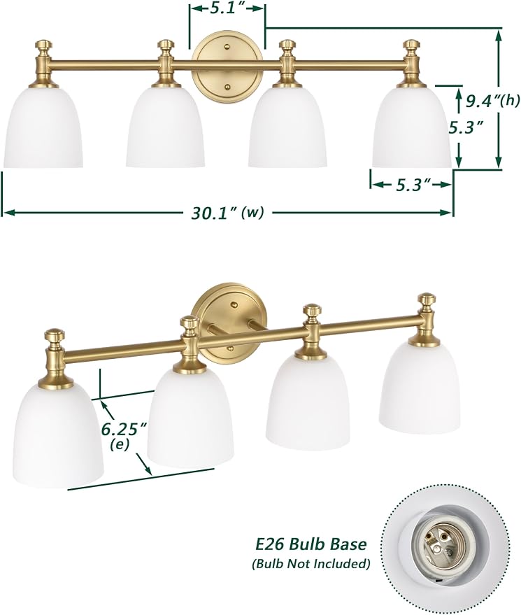 Gold Bathroom Vanity Light, 4-Light Bathroom Light Fixtures Over Mirror, Traditional Vanity Lights for Living Room, Milk White Bell Glass Shades, Standard E26 Base, Aged Brass