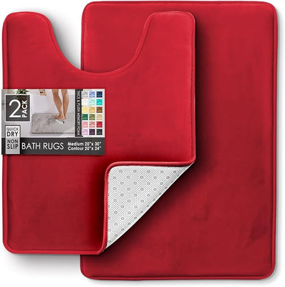 Clara Clark 2 Piece Bathroom Rugs, Velvet Memory Foam Bath Mat Set, Non-Slip Bath Rugs, Machine Wash, Dries Quickly, Ultra Soft Plush Bath Mats for Bathroom, 20 x 32 + Contour, Red