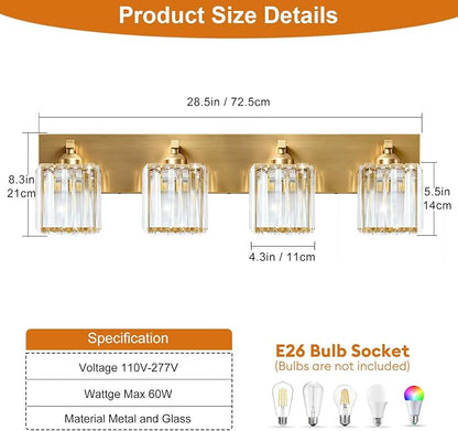 Gold Crystal Bathroom Vanity Light, 4-Light Modern Bathroom Lighting Fixtures Over Mirror,Chrome Wall Sconce Light Fixtures with Square Shade