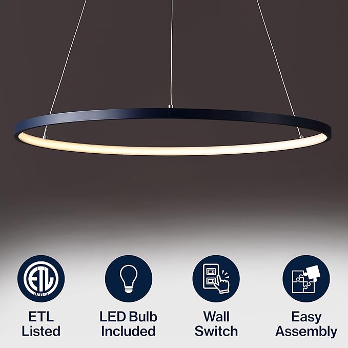 JONATHAN Y 23.75" Navy Modern Integrated LED Pendant Light, Dimmable Round Hoop Chandelier for Kitchen Island, Dining Room, Adjustable Height Metal Hanging Light (JYL7203F)