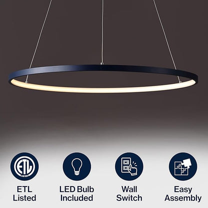 JONATHAN Y 23.75" Navy Modern Integrated LED Pendant Light, Dimmable Round Hoop Chandelier for Kitchen Island, Dining Room, Adjustable Height Metal Hanging Light (JYL7203F)