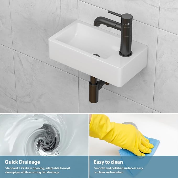 Wall Mount Bathroom Sink 18"x 10" Floating Bathroom Vessel Sink | Rectangular Wall Mount Ceramic Sink Wall Hung Bathroom Lavatory Wash Hand Basin Floating Wall Hung Sinks