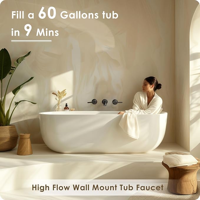 Brass Tub Filler Wall Mount 3 Hole, Farmhouse Black Tub Faucet, High Pressure 2 Handle Matte Black Bathtub Faucet Set with Long Spout Reach, Rough-in Valve