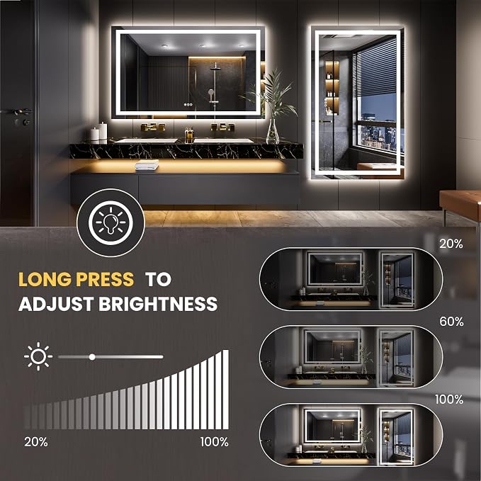 LOAAO 62"X36" LED Bathroom Mirror with Lights, UL Listed | Anti-Fog, Dimmable, 3 Color Temperature, Backlit + Front Lit, Memory Function, Tempered Glass