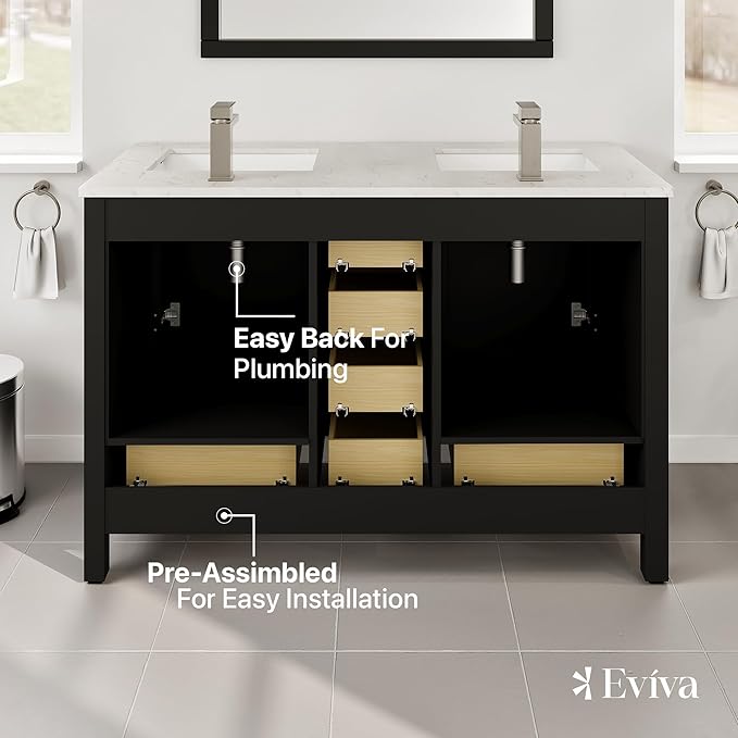 Eviva London 48 x 18 inch Espresso Transitional Double Sink Bathroom Vanity with White Carrara Quartz Countertop and Undermount Porcelain Sinks