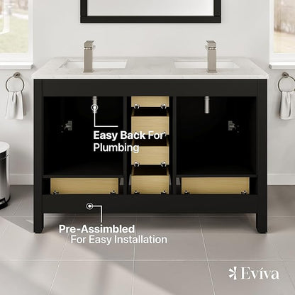 Eviva London 48 x 18 inch Espresso Transitional Double Sink Bathroom Vanity with White Carrara Quartz Countertop and Undermount Porcelain Sinks