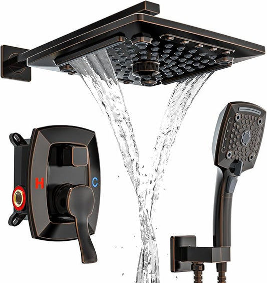 ELLO&ALLO Oil Rubber Bronze Bathroom Shower Faucet Set Mixing Valve and Trim Kit, Complete Shower System with Rough-in Valve