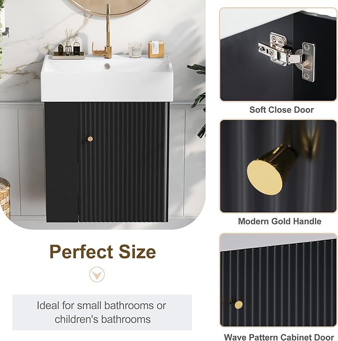 Harper & Bright Designs 21.6" Bathroom Vanity with Sink, Wall-Mounted Single Basin Vanity Set with Cabinet & Two-Tier Left Side Storage Shelf, Storage Cabinet with Ceramic Basin for Bathroom, Black