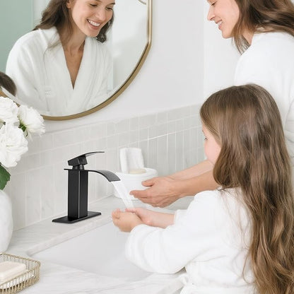 Matte Black Bathroom Faucets, Waterfall Bathroom Sink Faucet Single Handle Bathroom Faucet for 1 or 3 Hole, Mixer Tap Vanity Faucet with Deck Plate, Pop-up Drain and Supply Hoses