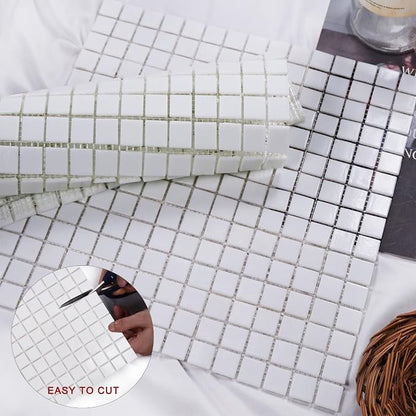 11.5 sq.ft White Glass Mosaic Tile for Bathroom, Pool, Kitchen Backsplash | Waterproof Wall & Floor Tile. Heat & frost resistant outdoors. Mesh-mounted easy install. Use any grout. Easy clean. 10pcs.