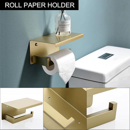 5-Piece Bathroom Hardware Set 23.6 Inch Gold Towel Bar Set Towel Bar Towel Ring Coat Hook and Toilet Paper Holder with Shelf Wall Mounted Stainless Steel Bathroom Accessories Set