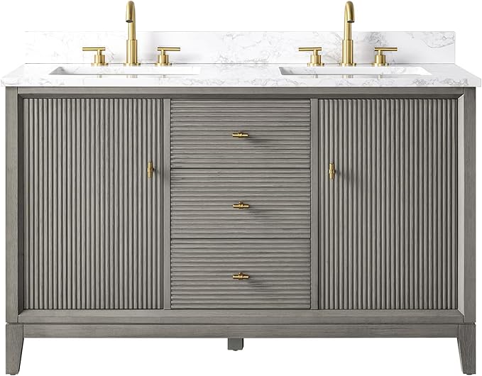Vanity Art 54" Bathroom Vanity with Double Sink & Arabescato White Engineered Stone Top, Vanity Cabinet with Soft Closing Door, Solid Wood Frame, Golden Brushed Handles, Driftwood Gray VA8154D-DG-GB