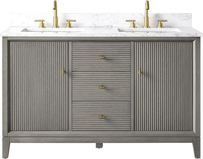 Vanity Art 54" Bathroom Vanity with Double Sink & Arabescato White Engineered Stone Top, Vanity Cabinet with Soft Closing Door, Solid Wood Frame, Golden Brushed Handles, Driftwood Gray VA8154D-DG-GB