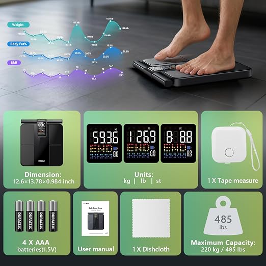 Smart Scale for Body Weight, Health Body Pod with BMI Body Fat Muscle Mass | 8-Electrode, 485lbs, 57 Body Composition Metrics, 5.25-Inch VA Color Screen & Retractable Handle, Digital Bathroom Scale