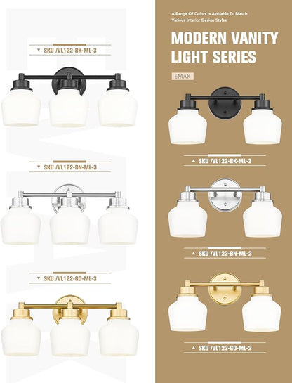 Emak Brushed Nickel Bathroom Light Fixtures, 2-Light Bathroom Vanity Light with Milk Glass Shade, Modern Vanity Lights for Bathroom, Mirror, VL122-BN-ML-2