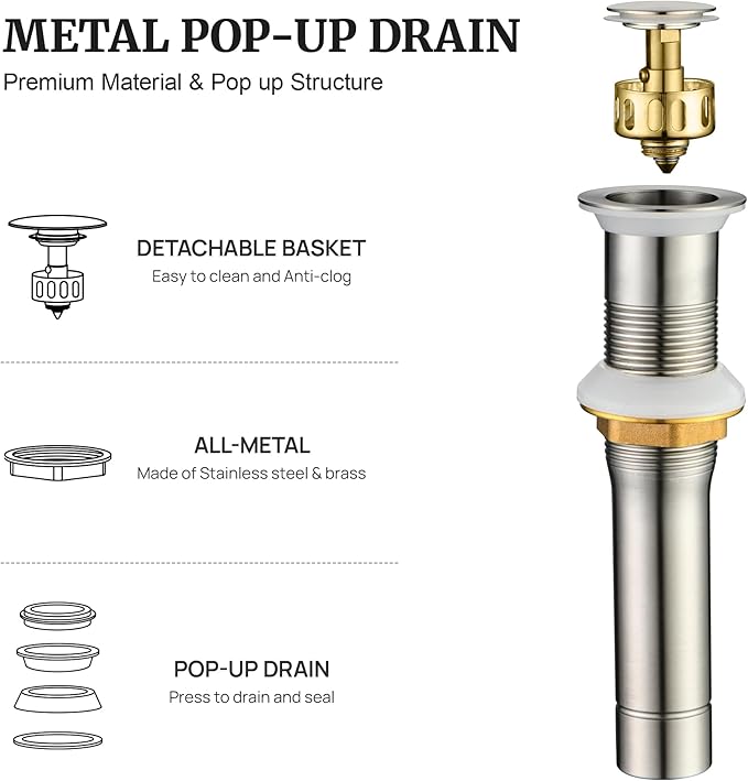 Pop up Sink Drain Stopper for Bathroom Vessel Vanity Sink Art Basin Brushed Nickel, Small Cap Without Overflow, Metal Pop-up Drain Strainer with Detachable Basket Stopper | Pop Up Drain, Made of Metal, Small Cap, with Detachable Basket Stopper, Drain F...