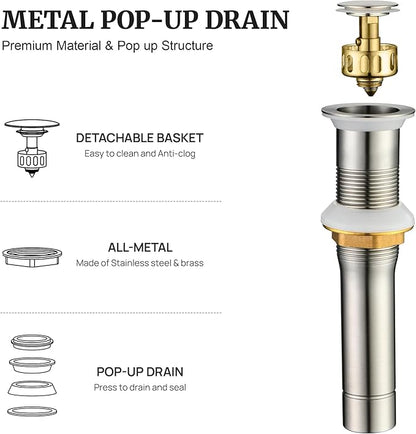 Pop up Sink Drain Stopper for Bathroom Vessel Vanity Sink Art Basin Brushed Nickel, Small Cap Without Overflow, Metal Pop-up Drain Strainer with Detachable Basket Stopper | Pop Up Drain, Made of Metal, Small Cap, with Detachable Basket Stopper, Drain F...