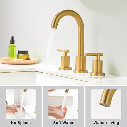 Brushed Gold Bathroom Faucet 3 Hole, 8 Inch Widespread Bathroom Sink Faucets 2 Handle Lavatory Faucet Gold Vanity Faucet with Pop-Up Drain & cUPC Faucet Supply Lines