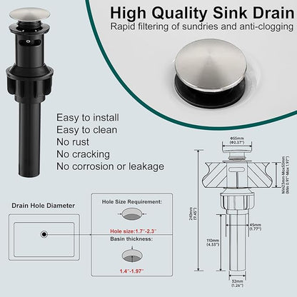 Hoimpro Brushed Nickel Waterfall Bathroom Faucet with cUPC Supply Lines, Single Hole Single Handle Bathroom Sink Faucet with Pop up Drain, Vanity Faucet with Deck Plate, Brushed Nickel(1 or 3 Hole)