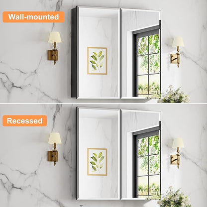 30x30 Inch Medicine Cabinet with Mirror, Aluminum Bathroom Mirror Cabinet, Beveled Edge Mirrored Double Door, Adjustable Shelves, Surface or Recessed Mount Mirrors with Storage,Black