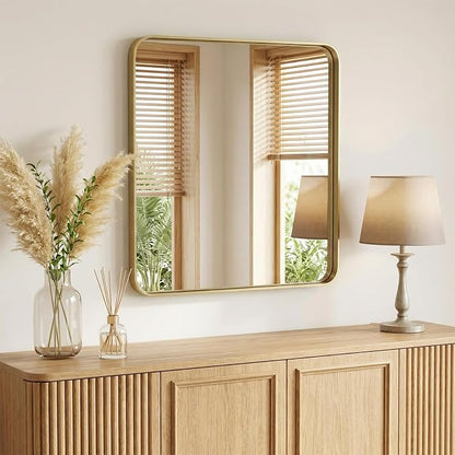 Sweetcrispy Bathroom Mirror 32x28 Inch, Vanity Mirror for Wall | Metal Framed Rounded Rectangle, Over Sink, Farmhouse, Restroom, Anti-Rust, Horizontal or Vertical Hanging, Gold