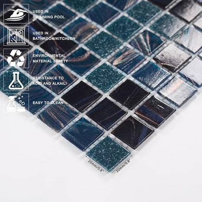 11.5 sq.ft Blue Glass Mosaic Tile for Bathroom, Pool, Kitchen Backsplash | Waterproof Wall & Floor Tile. Heat & frost resistant outdoors. Mesh-mounted easy install. Easy clean. 10pcs. Indigo Blue.