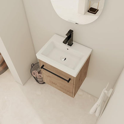 KEIKI 18'' Bathroom Vanity Cabinet with Sink, Wall Mounted Floating Bathroom Vanity with Soft-Close Cabinet Door, for Small Bathroom, Imitative Oak