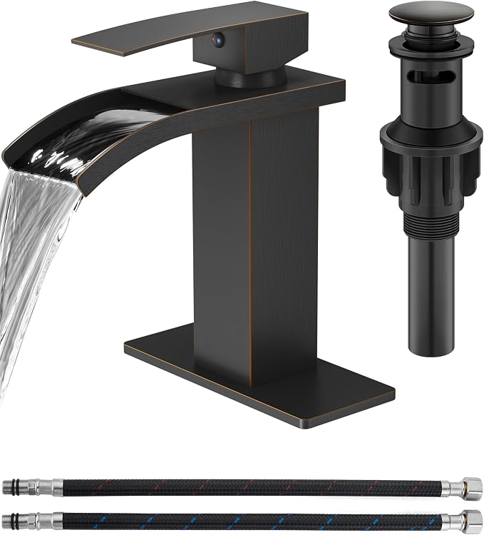 Oil Rubbed Bronze Waterfall Bathroom Faucet 1-Handle Vanity Faucet | Stainless Steel Modern Bathroom Sink Faucet,Pop-Up Drain, Supply Lines 6-in Deck Plate, 1- or 3-Hole, NSF Certified
