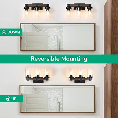 EDISHINE Farmhouse Vanity Lights for Bathroom, 3-Light Bathroom Vanity Lights Over Mirror, Wall Sconce with Clear Glass Shades for Vanity Table, Living Room(E26 Base)