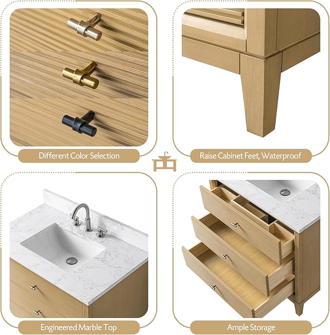 Vanity Art 36" Bathroom Vanity with Single Sink & Arabescato White Engineered Stone Top, Vanity Cabinet with Soft Closing Door, Solid Wood Frame, Golden Brushed Handles, Natural Oak VA8136-NO-GB