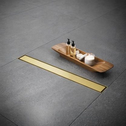 Linear Shower Floor Drain, Brushed Gold 40 Inch 304 Stainless Steel Bathroom Drains Kit, Rectangular Shower Trench Drain with Reversable Tile-in Pattern Drain Cover & Hair Catcher