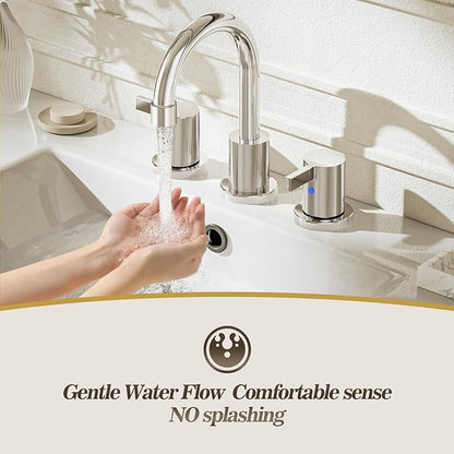 Phiestina Widespread 3 Hole Bathroom Sink Faucet, 8 Inch Chrome Finish, Modern Vanity Faucet with Metal Pop Up Drain, WF015-1-C