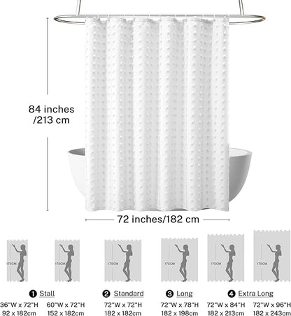 Extra Long Boho Farmhouse Shower Curtain Woven Fabric 84 Inch White Shower Curtain, 72 x 84 Tufted Pleat Floral Puffs Textured Modern Minimalist Shower Curtain Set with Hooks for Bathroom