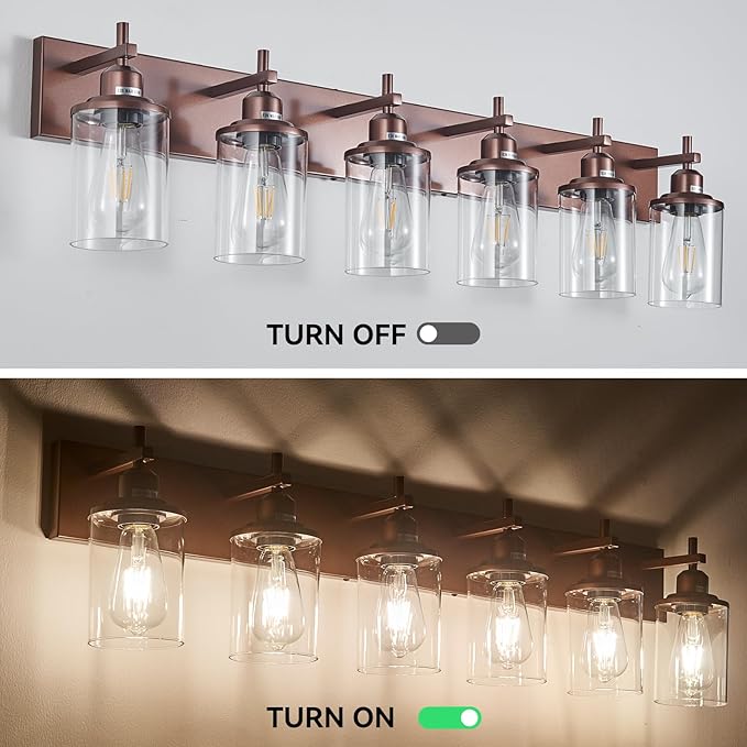 6-Light Bronze Bathroom Light Fixtures Over Mirror,Modern Bathroom Vanity Light with Clear Glass Shade, Wall Sconce for Bathroom Hallway Cabinet Bedroom Kitchen Living Room Foyer E26 Base