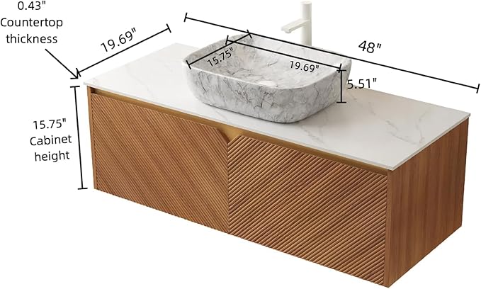 Floating Bathroom Vanity with Sink, 48" Bathroom Storage Cabinet with Sintered Stone Countertop & Marble-Pattern Ceramic Basin, Wall-Mounted Vanity with 2 Twill Pattern Doors, Brown Oak