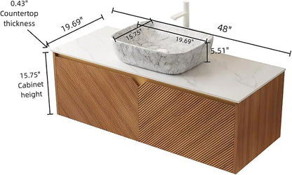 Floating Bathroom Vanity with Sink, 48" Bathroom Storage Cabinet with Sintered Stone Countertop & Marble-Pattern Ceramic Basin, Wall-Mounted Vanity with 2 Twill Pattern Doors, Brown Oak