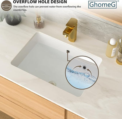 Undermount Bathroom Sink Rectangle 21x14 Inch White Rectangular Porcelain Ceramic Vessel Sink with Overflow, Under Counter Lavatory Vanity