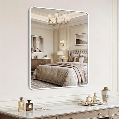 Bathroom Mirror for Wall, 30"x36" Black Bathroom Mirror for Over Sink, Shatterproof Tempered Glass Vanity Mirror with Anti-Rust Aluminum Alloy Frame, Hang Horizontally or Vertically, White