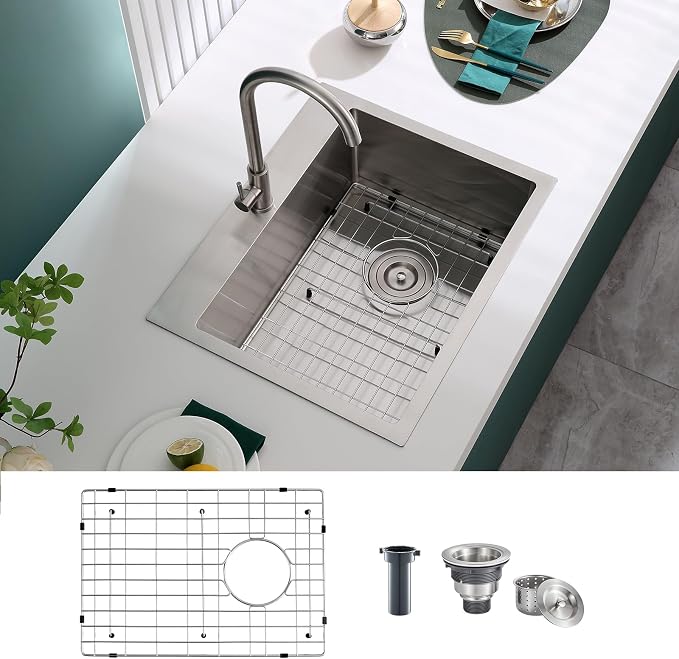 Brushed Topmount Kitchen Sink - 22”×18” Single Bowl Sink, Sink Grid | 9 Inch Deep Handmade Bar Sink with Strainer, Stainless Steel 304, Rightside Drain, X-Groove Drainage, Sound-Dampening Pad