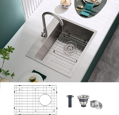 Brushed Topmount Kitchen Sink - 22”×18” Single Bowl Sink, Sink Grid | 9 Inch Deep Handmade Bar Sink with Strainer, Stainless Steel 304, Rightside Drain, X-Groove Drainage, Sound-Dampening Pad