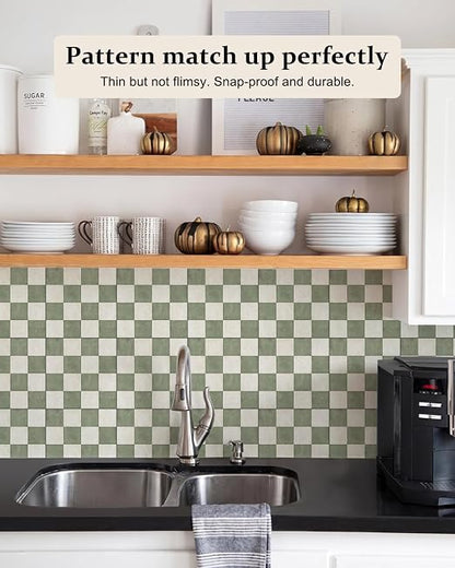Peel and Stick Floor Tile, Checkered Vinyl Flooring Waterproof, Snap-Proof DIY Flooring Tiles for Bathroom, Kitchen, Fireplace, Wall, Backsplash, No Residue, 20 Tiles-7.87" Thin Version, Green
