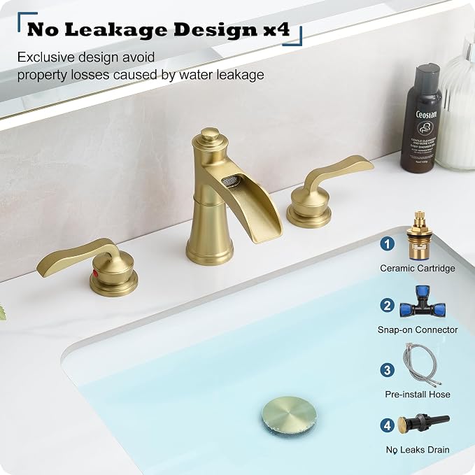 Brushed Gold 3 Hole Bathroom Faucet, 4-16 Inch Widespread Waterfall Faucet for Bathroom Sink with Pop-up Drain, Supply Water Hose and 2 Handle for Vanity, Brass