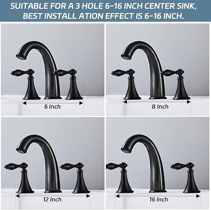 Matt Black Bathroom Faucet Widespread 3 Hole, 6–16 Inch Vanity Sink Faucet with 2 Handles, Drip-Free Ceramic Disc Valve, Solid Brass, Push Pop-Up Drain Assembly Included