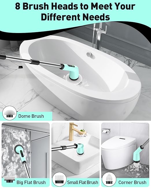 Electric Spin Scrubber for Bathroom, Shower Scrubber with Long Handle | Shower Cleaner Brushes, IPX7 Waterproof & 2 Speed, 3 Brush Heads, 90min Runtime, Bathroom Cleaning Supplies for Toilet Tub