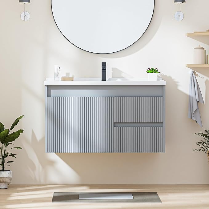 Floating Bathroom Vanity with Sink, 32 Inch Wall Mounted Bathroom Vanity with 2 Drawers and Wave-Carved Design Door, Modern Wooden Cabinet with Ceramic Sink and Storage, Grey