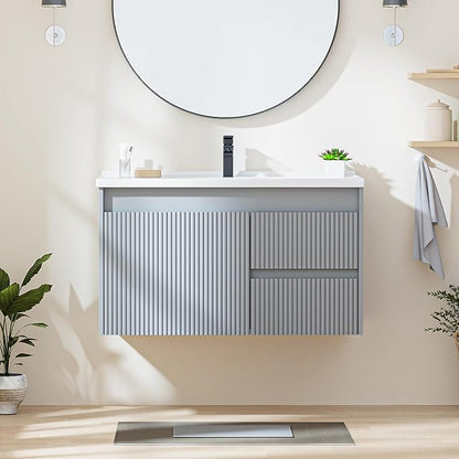 Floating Bathroom Vanity with Sink, 32 Inch Wall Mounted Bathroom Vanity with 2 Drawers and Wave-Carved Design Door, Modern Wooden Cabinet with Ceramic Sink and Storage, Grey
