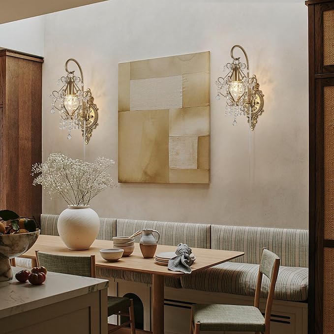 Plug in Cord Gold Crystal Vintage Indoor Wall Sconces Light Set of 2 | Modern Wall Mounted Lamp Light Fixture for Bedroom Living Room Bathroom Vanity Light Hallway Light Fixture Decor LED E12
